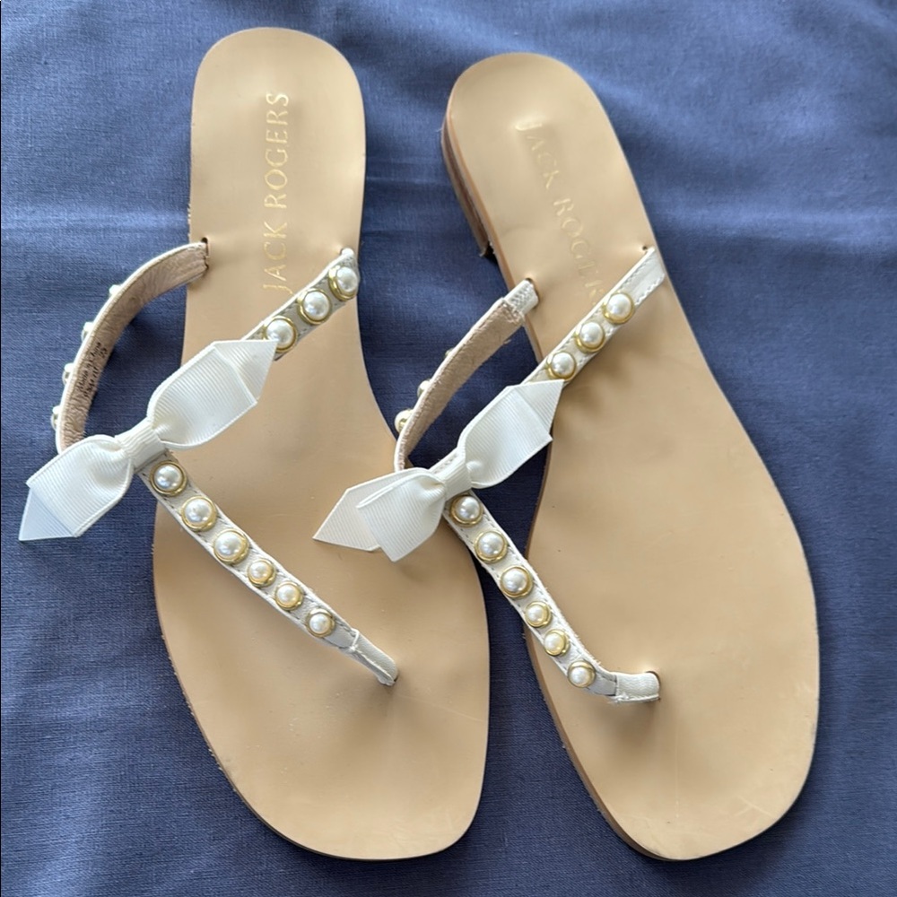 Jack Rogers Women's White Sandals with Bow and Pearl Accents
